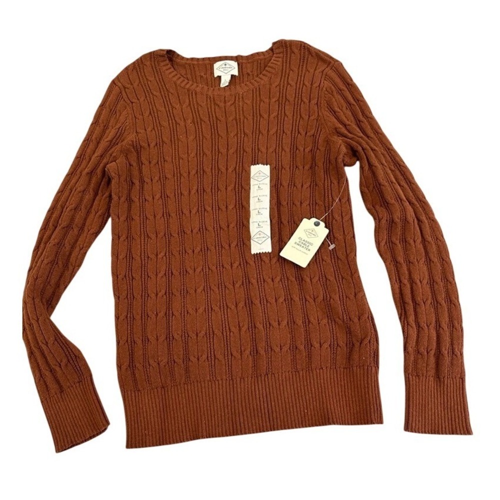 St Johns Bay Womens Classic Cable Knit Sweater Rust Brown Crew Neck Sleeve L
